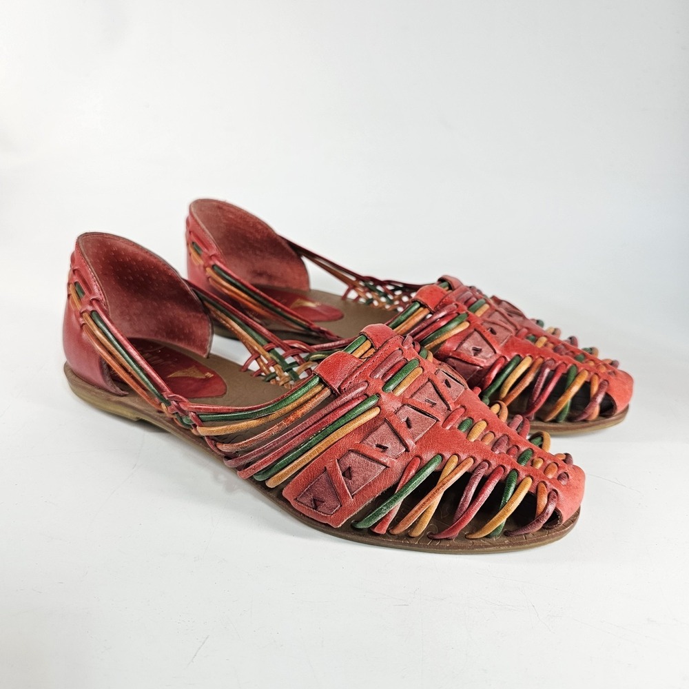 Vtg 80's Ellemeno Huaraches Womens 7 Colorful Rainbow Leather Woven Fisherman